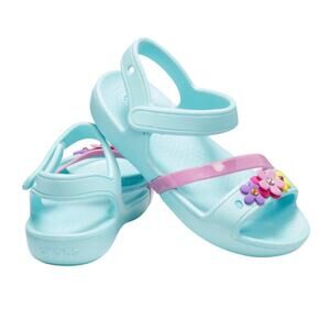 Crocs Lina Kids Sandals Blue Flower Charm Girls C8 Hook & Loop Strap Water Shoes